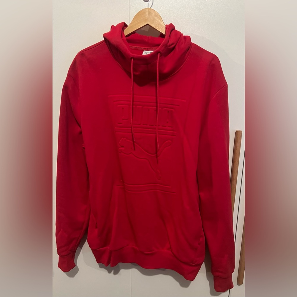 Puma Men's Embossed Logo Fleece Pullover Hoodie in Red - Size XL